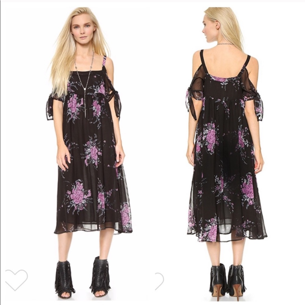 Free People Tied to You Floral Chiffon Sheer Cold Shoulder Midi Dress